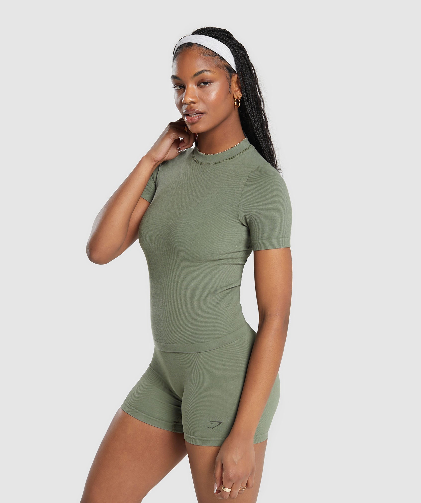 Ribbed Cotton Seamless T-Shirt in Base Green - view 3