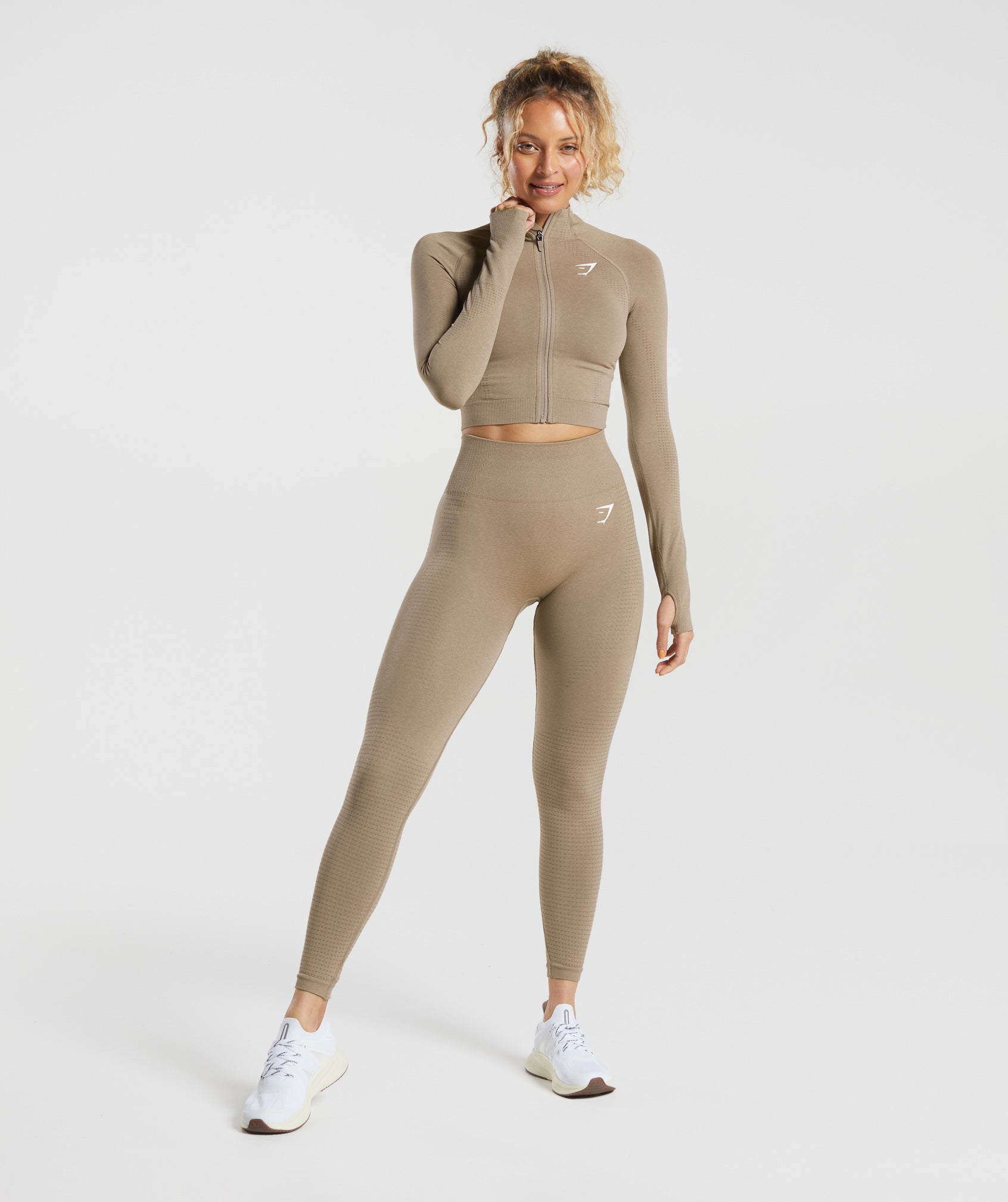 Vital Seamless 2.0 Midi Zip Up Jacket in Vanilla Brown Marl - view 4