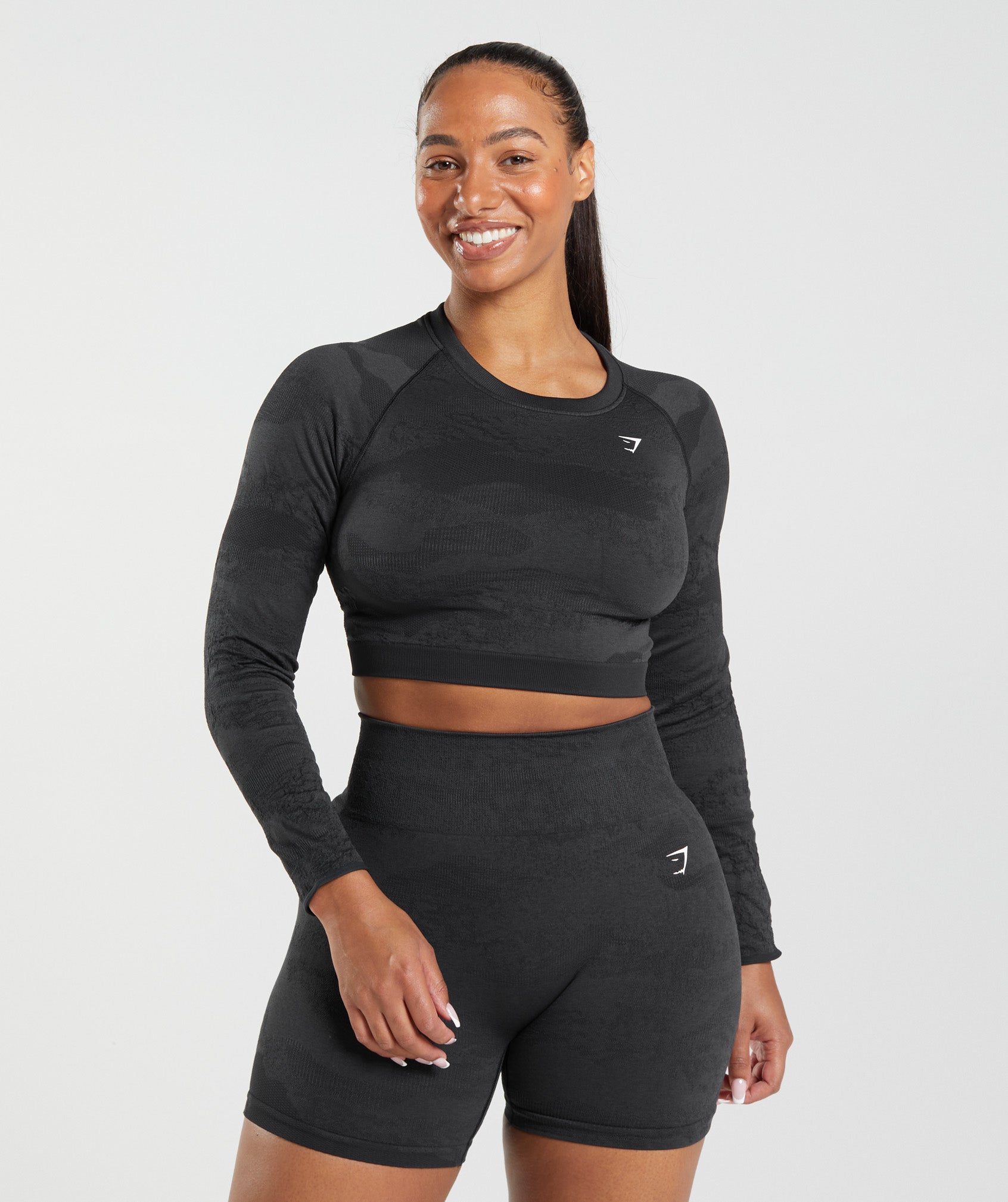 Adapt Camo Seamless Lace Up Back Top in Black/Onyx Grey - view 2