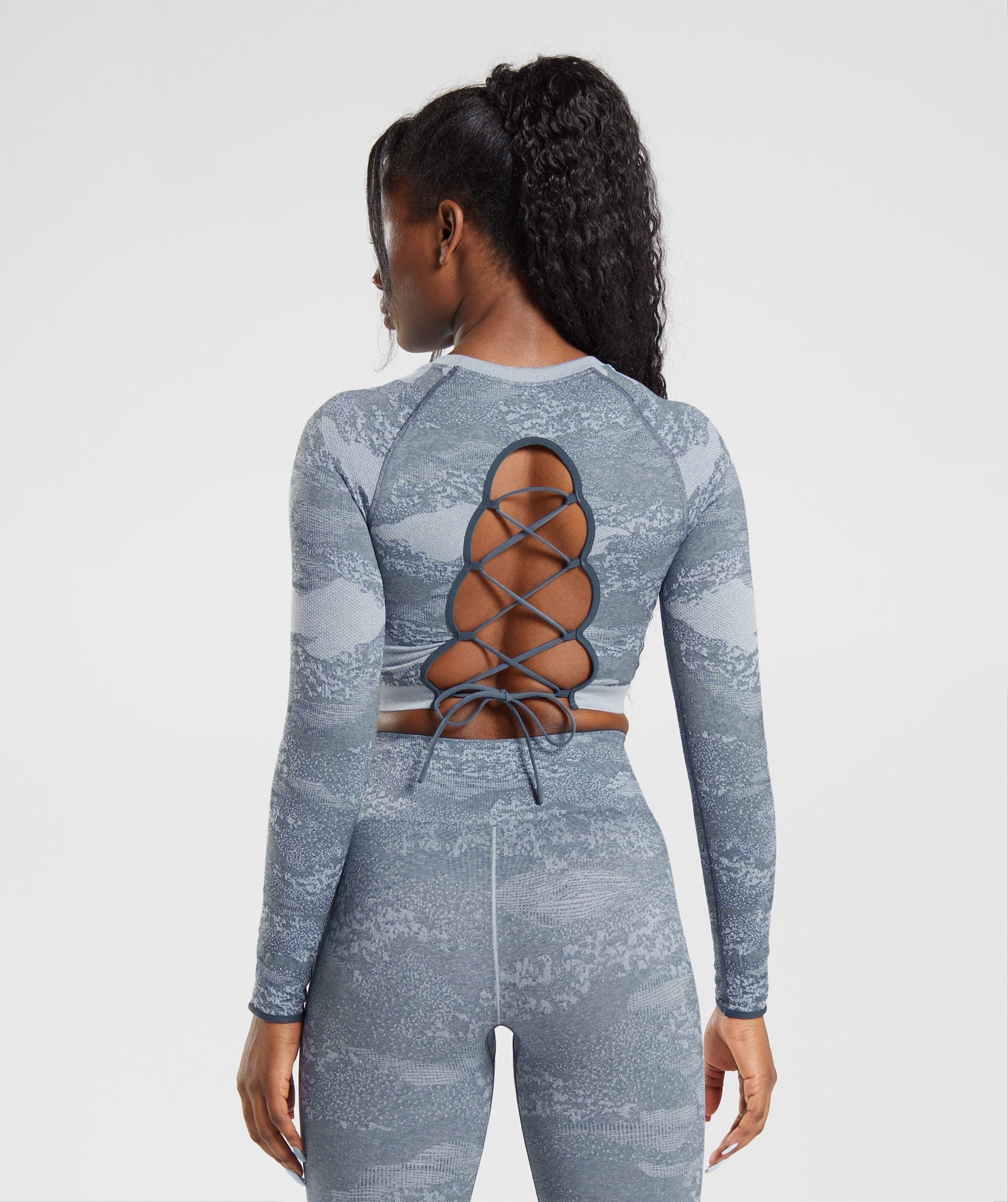 Adapt Camo Seamless Lace Up Back Top in River Stone Grey/Evening Blue - view 2