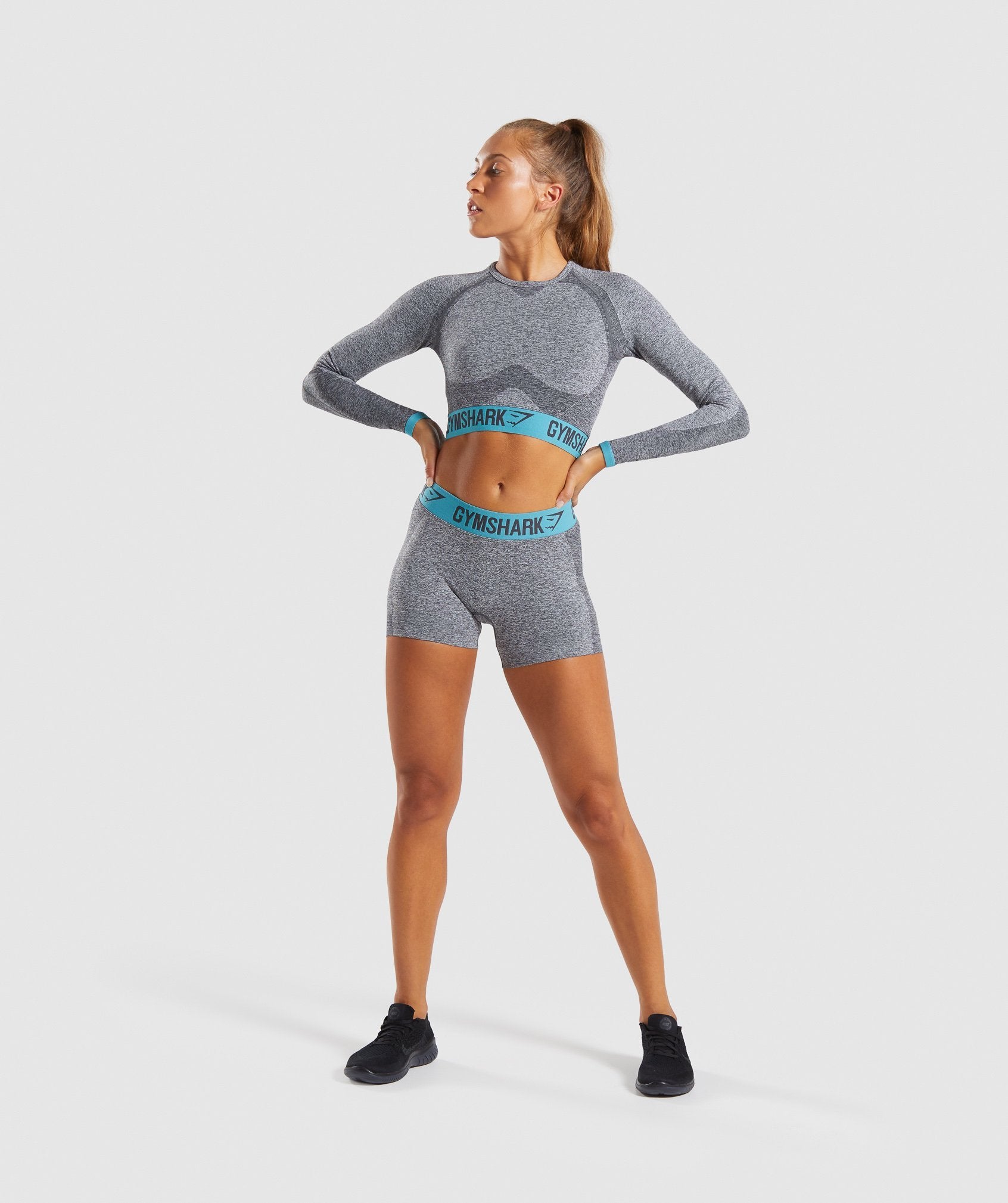 Flex Long Sleeve Crop Top in Charcoal Marl/Dusky Teal - view 5