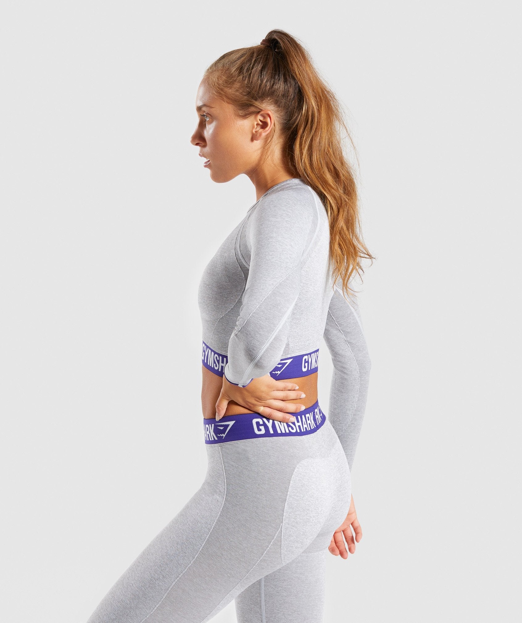 Flex Long Sleeve Crop Top in Light Grey Marl/Indigo - view 3