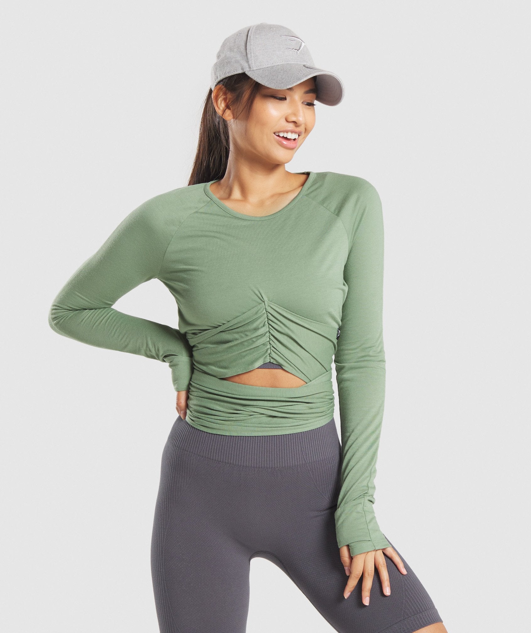 Power Down Long Sleeve Crop Top in  Green - view 1