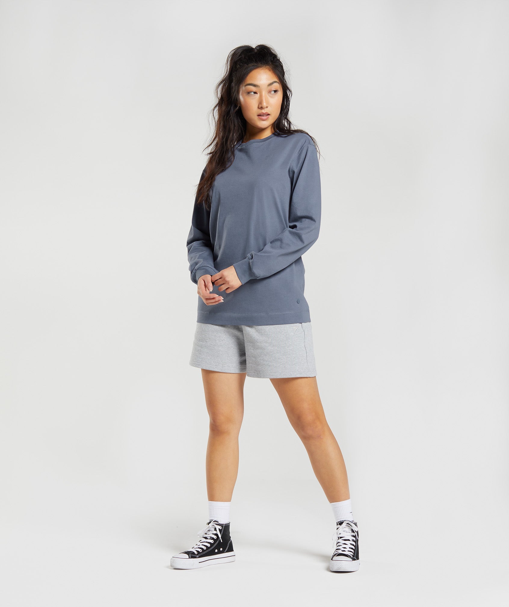 Cotton Oversized Long Sleeve Top in Evening Blue - view 4