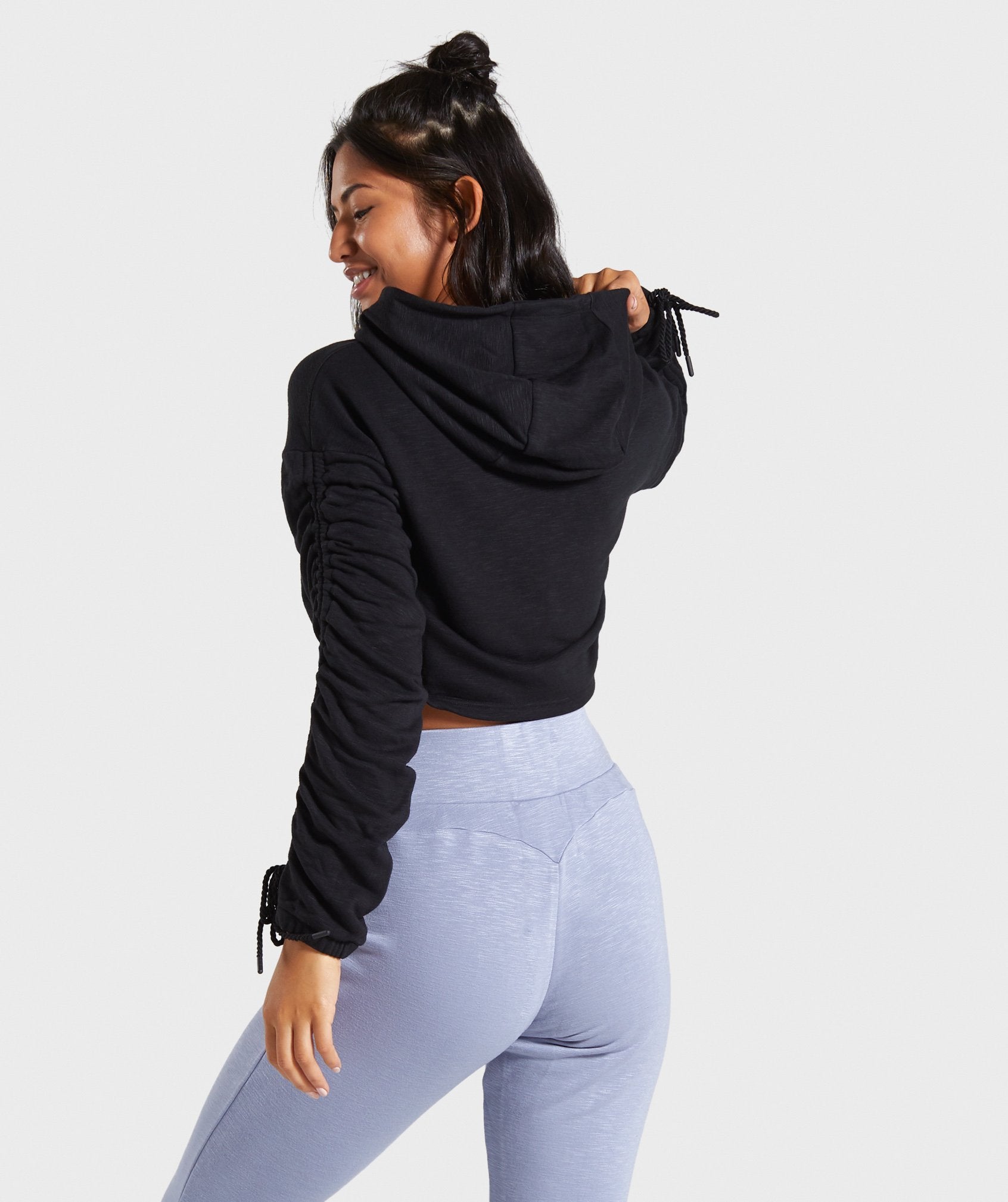 Ruched Cropped Hoodie in Black - view 2