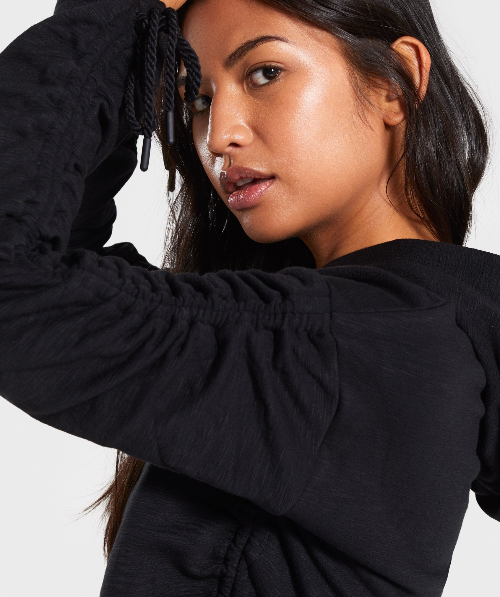 Ruched Cropped Hoodie in Black - view 5