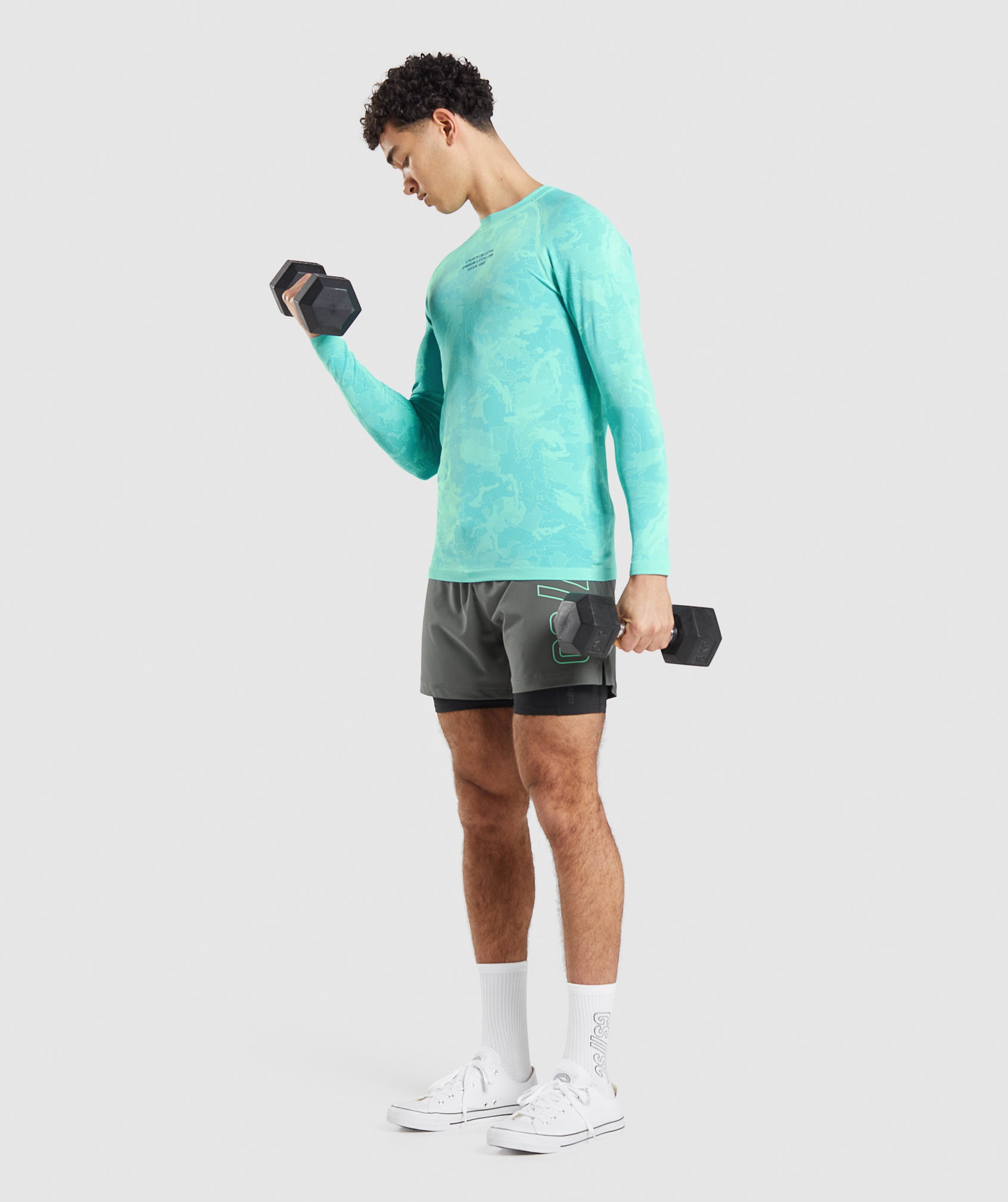 Gymshark//Steve Cook Long Sleeve Seamless T-Shirt in Bright Turquoise/Atlas Blue - view 3