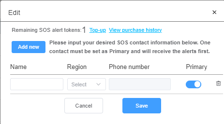 The AUDAR Health Dashboard Pop-Up for Choosing a Phone Number, Name and Region. This sets the SOS contact.