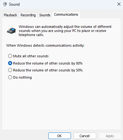 The communications page of the Sound menu from Control Panel in Windows 10 / 11. "Reduce other volumes by x%" is selected.