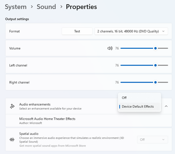 The Sound device properties menu from Windows 11 shows the "Audio Enhancements" drop-down menu being changed to "Off".