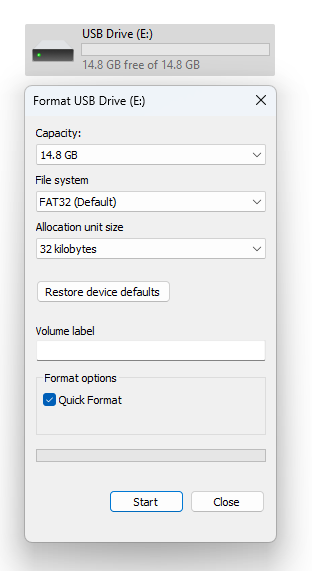 A Windows "Format" dialogue box