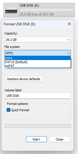 Windows 11 Format Dialogue Box Showing 3 Format Types: NTFS, exFAT and FAT32