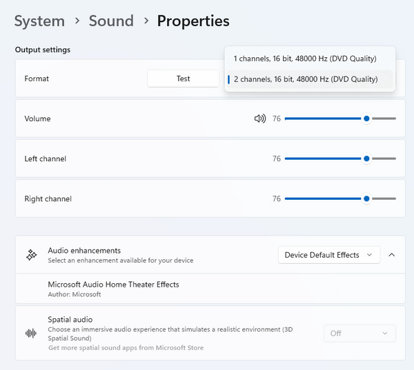 The Windows 11 Sound Device Properties screen is shown, with a drop-down menu to choose between 1-Channel or 2-Channel Audio