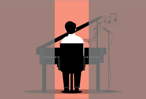 A Cartoon of a man at a piano, with the far right and left quarters of the piano greyscale.