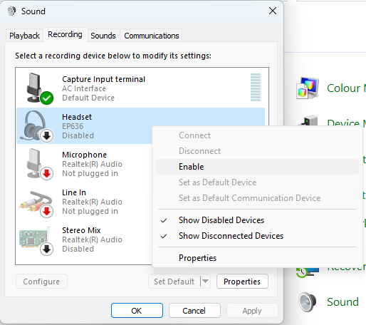 The recording device menu on Windows 10/11 is shown, with a list of devices. The mouse selects the EP636 headphone microphone and disables it.
