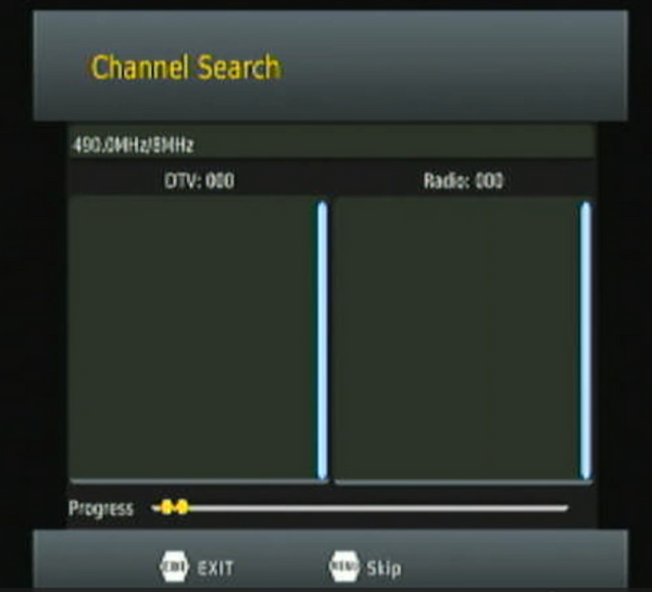 A Menu of a DVB set top box shows two columns, currently empty as the channel scan has just begun shows by a progress bar at the bottom of the screen