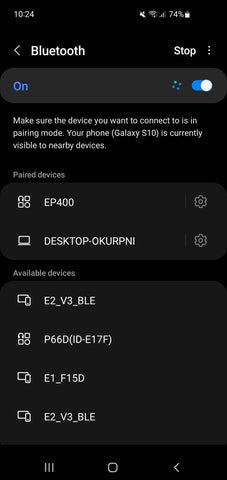 A Screenshot shows an Android Bluetooth device menu, with EP400 visible on the list.