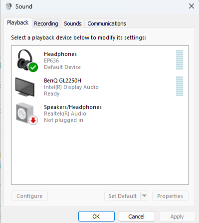 A Screenshot showing the Windows 10 / 11 Sound menu. Audio devices such as speakers and the headphones are shown.