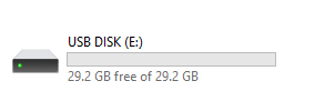 The USB drive as seen in the File Explorer menu. The drive is called "USB DISK E:" and displays its total file storage size
