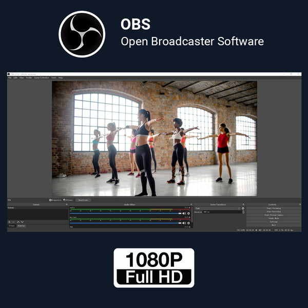The OBS logo appears above an aerobics group streaming their session. OBS streams in 1080p HD