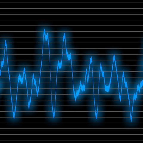 A waveform for an audio clip with routine drops and raises in amplitude being measured on a graph