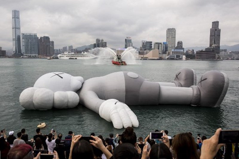 Inflatable cartoon character on Hong Kong harbour
