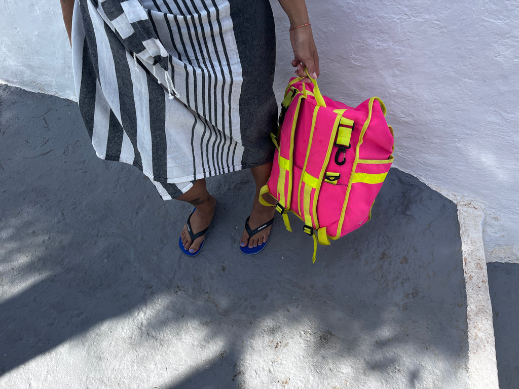 Menorca with Goodordering pink rolltop backpack