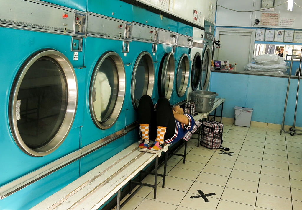 Goodordering laundrette photo shoot with tartan bag range