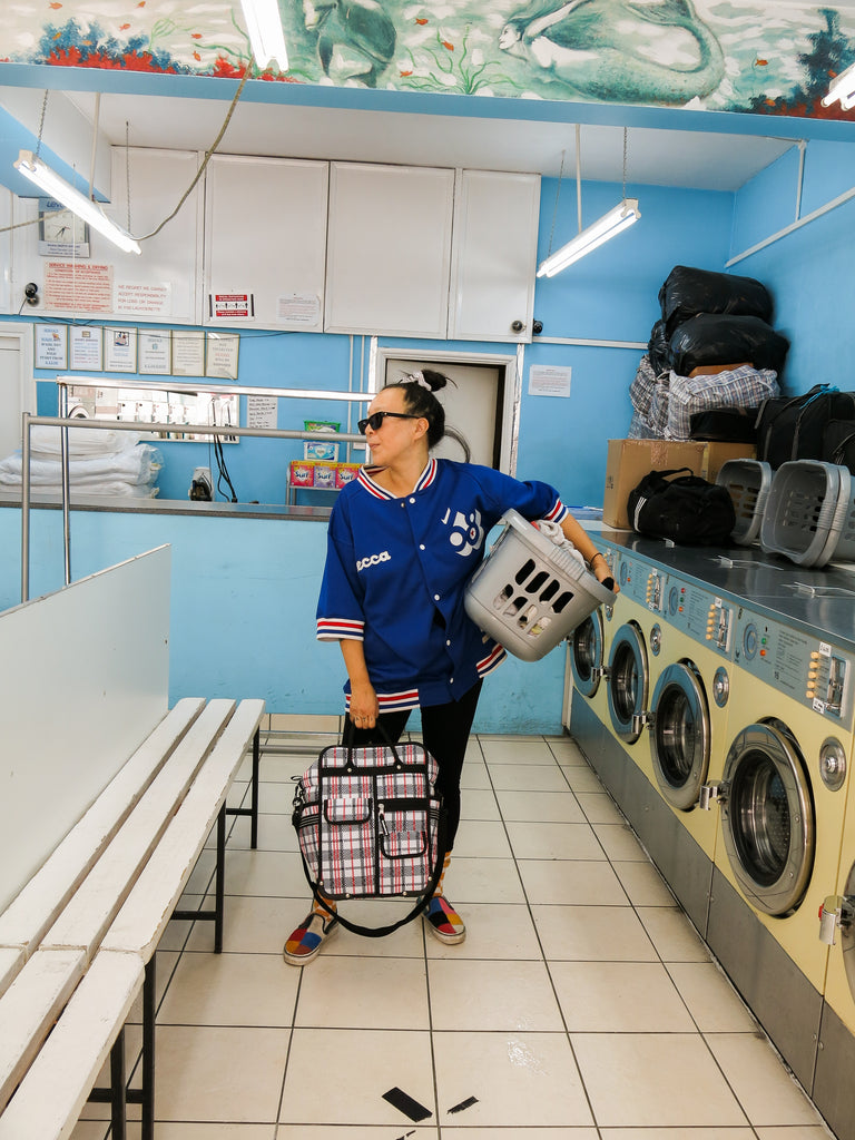 Goodordering laundrette photo shoot with tartan bag range