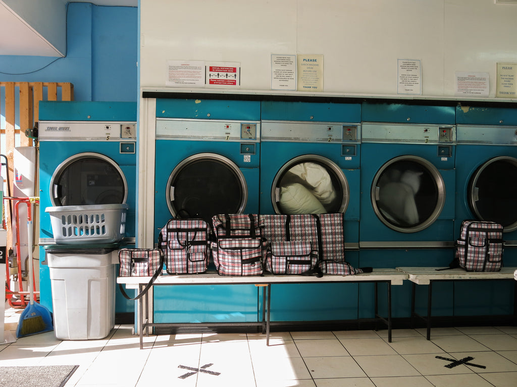 Goodordering laundrette photo shoot with tartan bag range