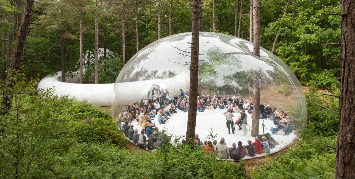 Inflatable clear bubble in a forest