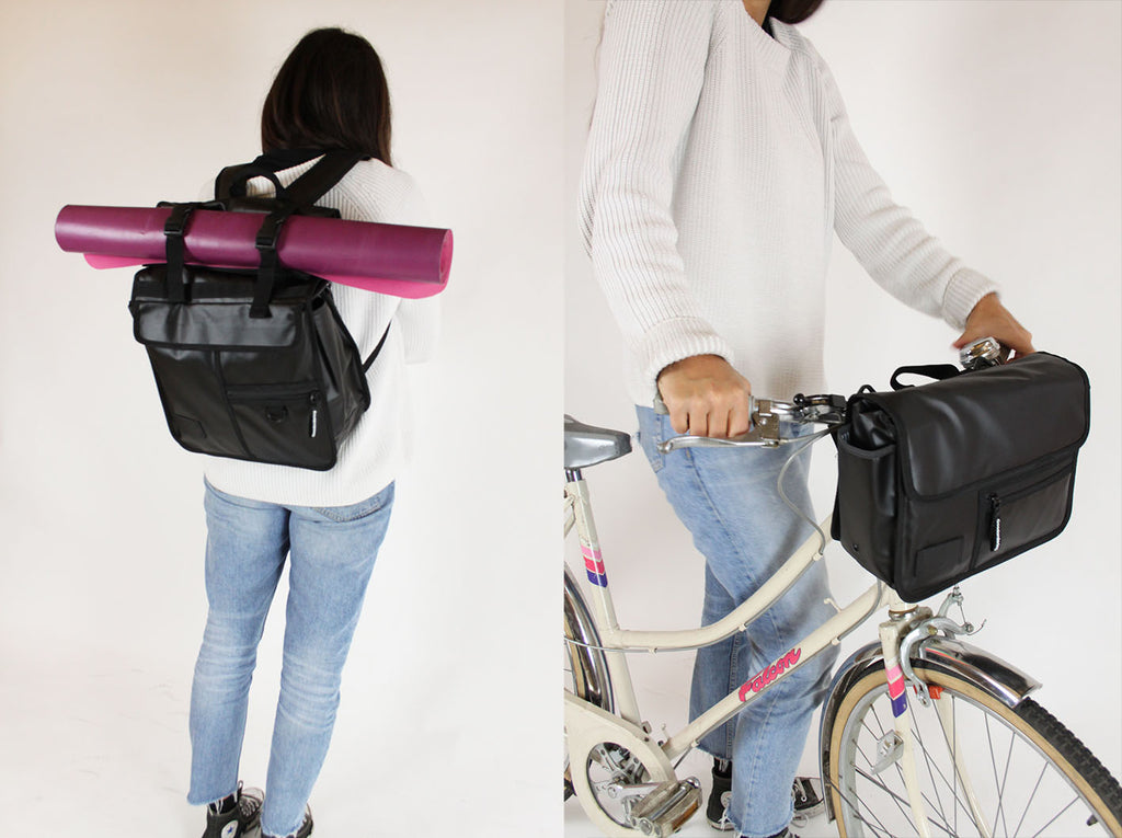 Rhona showing the handlebarbag and rolltop backpack Goodordering