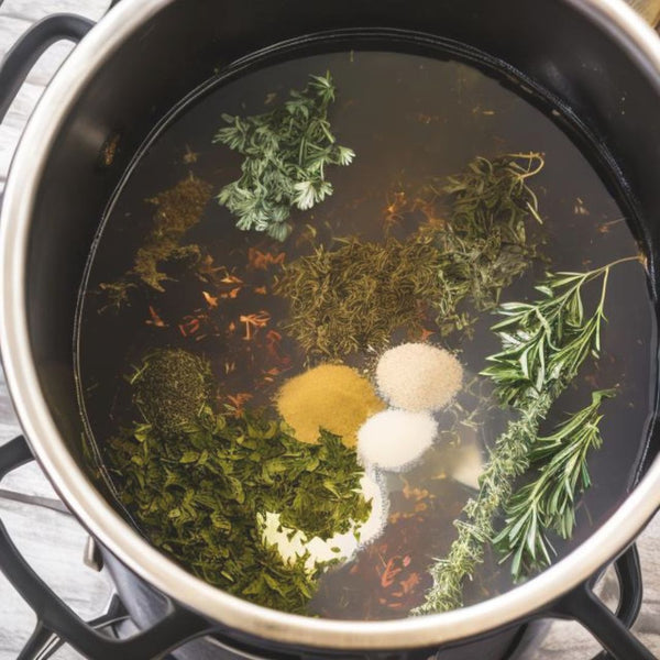 Stock pot containing turkey brine spices, herbs, and seasonings
