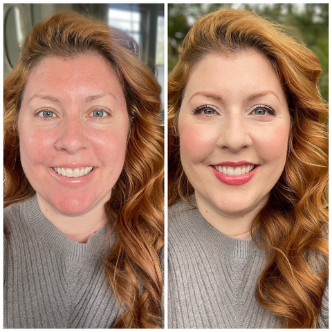 redheaded woman before and after makeup application