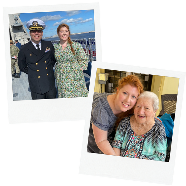 Navy captain and Erin in dress, Erin with her grandmother