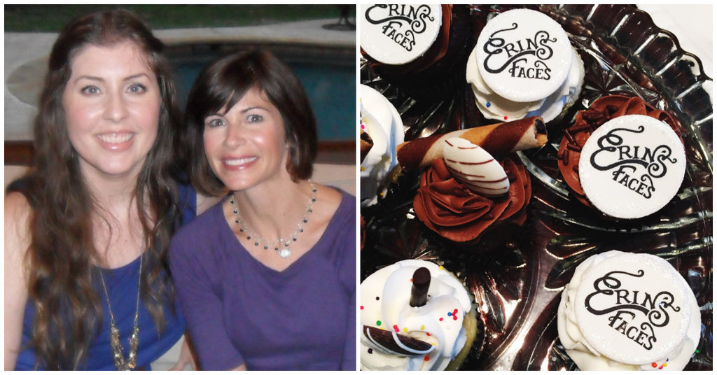 two white women with brown hair smiling next to a separate photo of mini cupcakes with the Erin's Faces logo printed on them