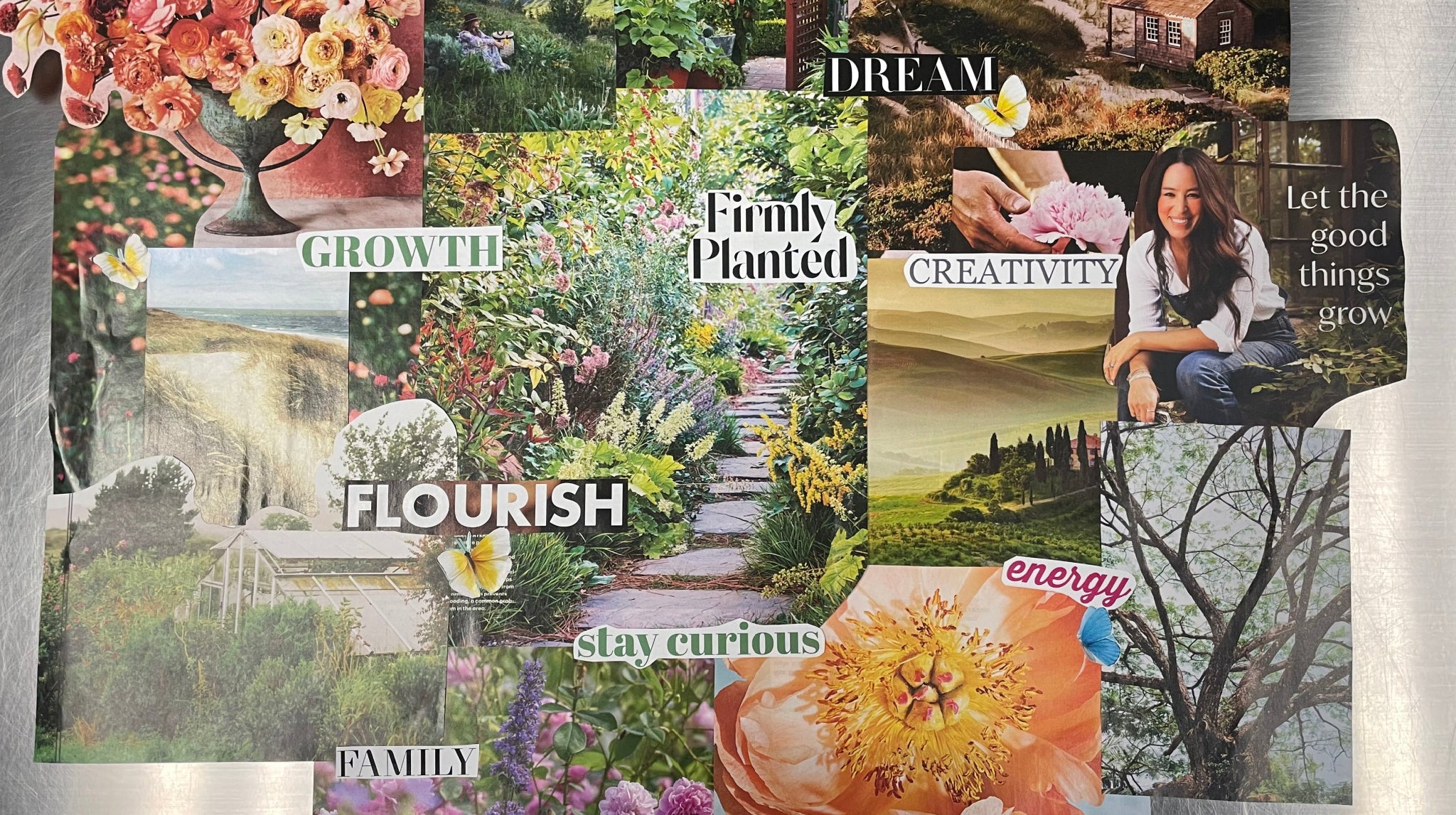 vision board with beautiful images of flowers, trees and oceans with key words like "family", "flourish" and "creativity" throughout