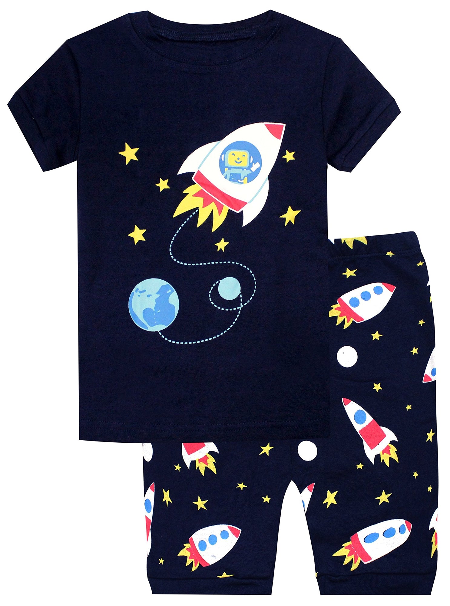Elowel Boys Shorts Space Rocket 2 Piece Pajamas Set 100% Cotton (Size