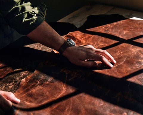 Selecting leather at Rogue Industries