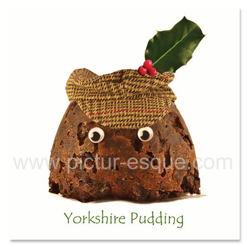 Yorkshire Christmas card featuring a Christmas Pudding in a flat cap