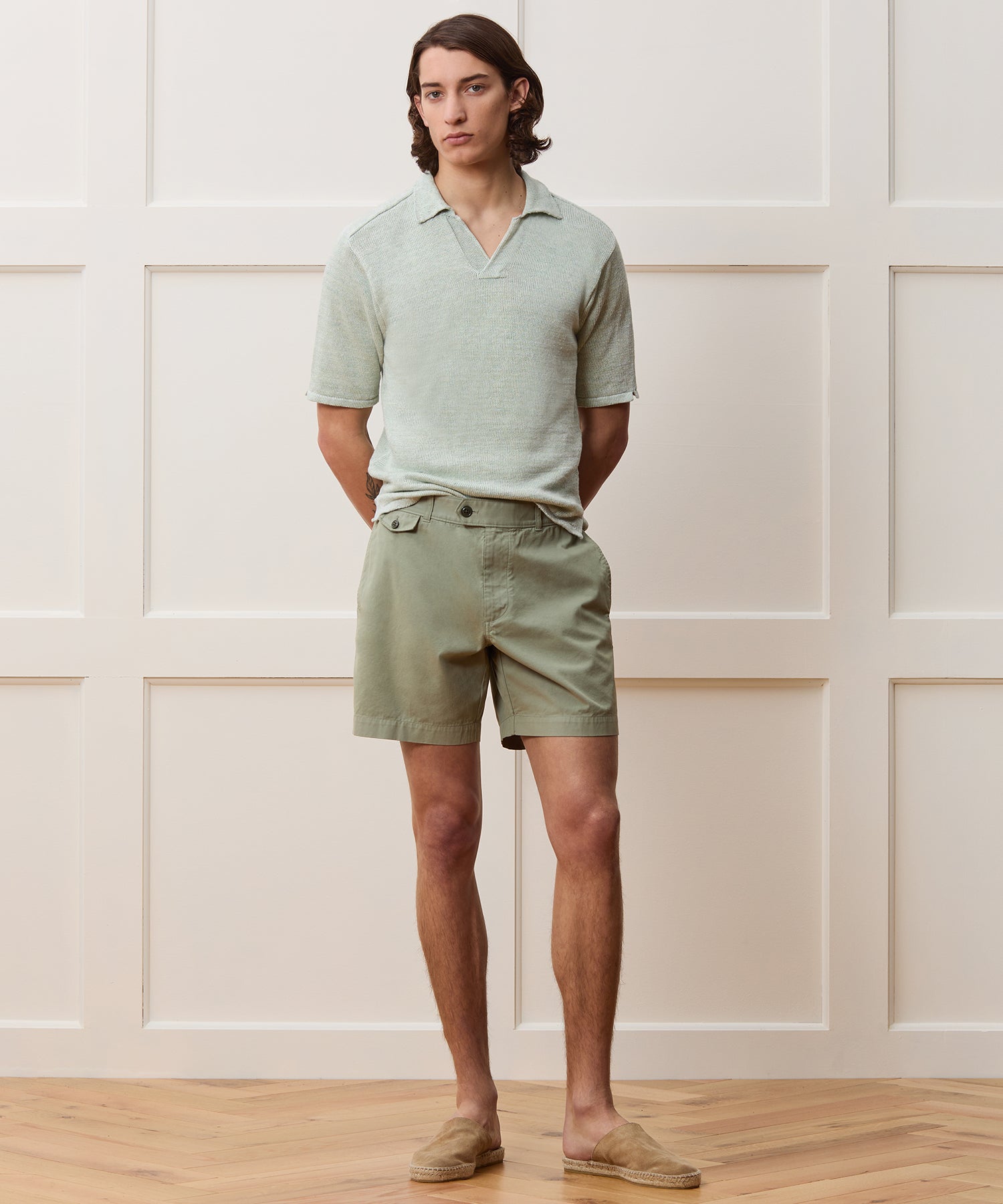Inis Meáin Washed Linen Henley Polo in Green Marl