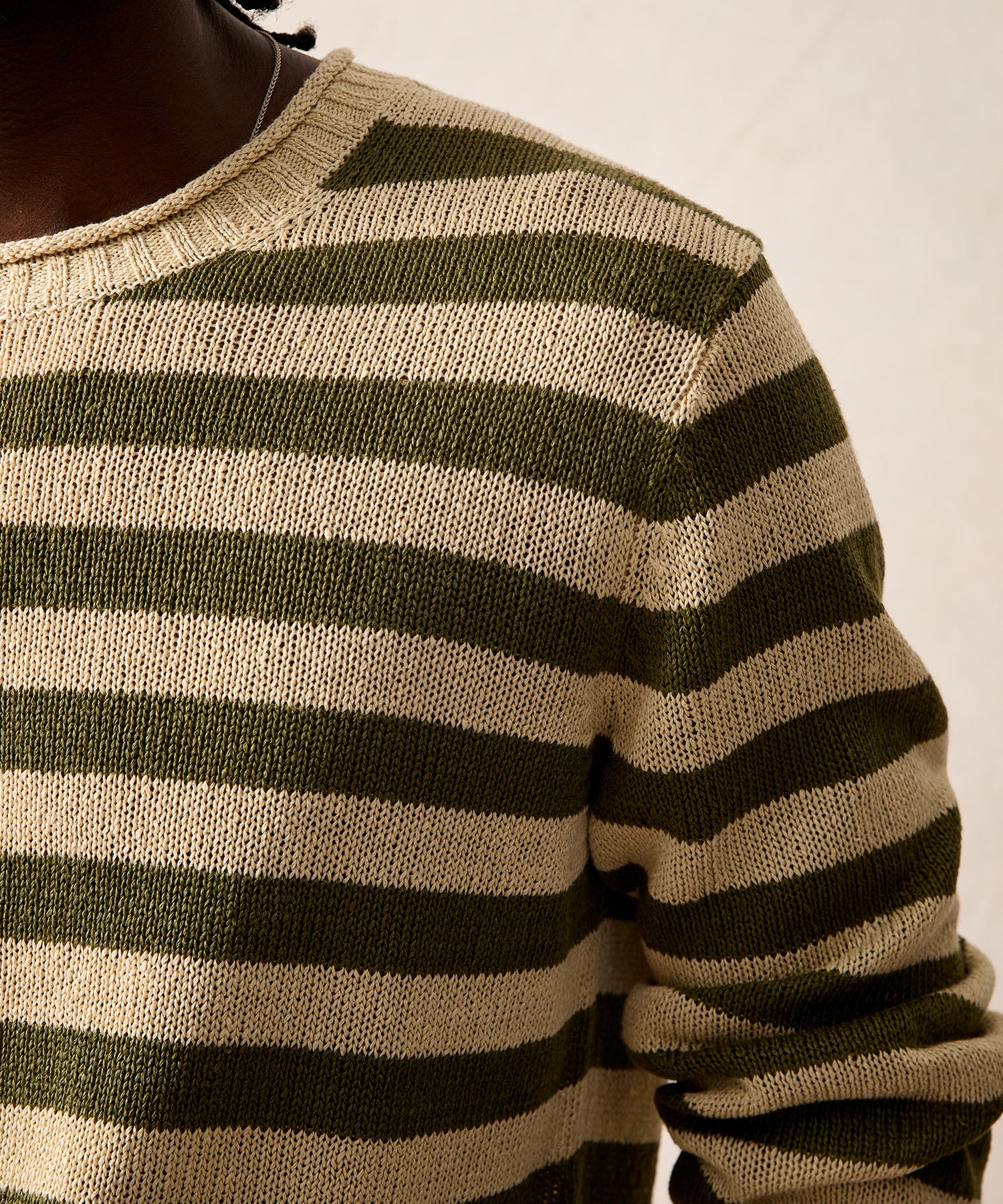 Linen Striped Crewneck in Olive