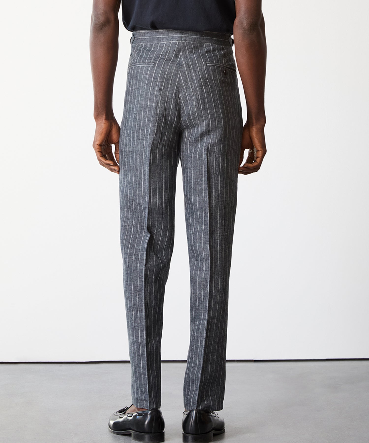Italian Linen Side Tab Trouser in Charcoal Pinstripe
