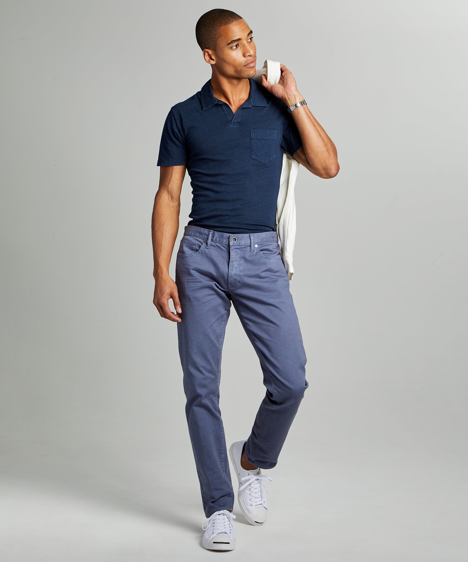 Image of Slim Fit 5-Pocket Garment-Dyed Stretch Twill in Cadet Blue