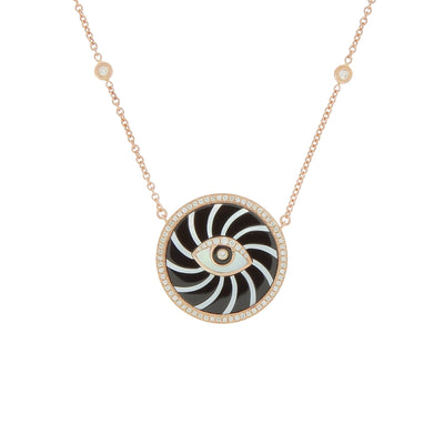 Pave onyx and mother of pearl eye necklace