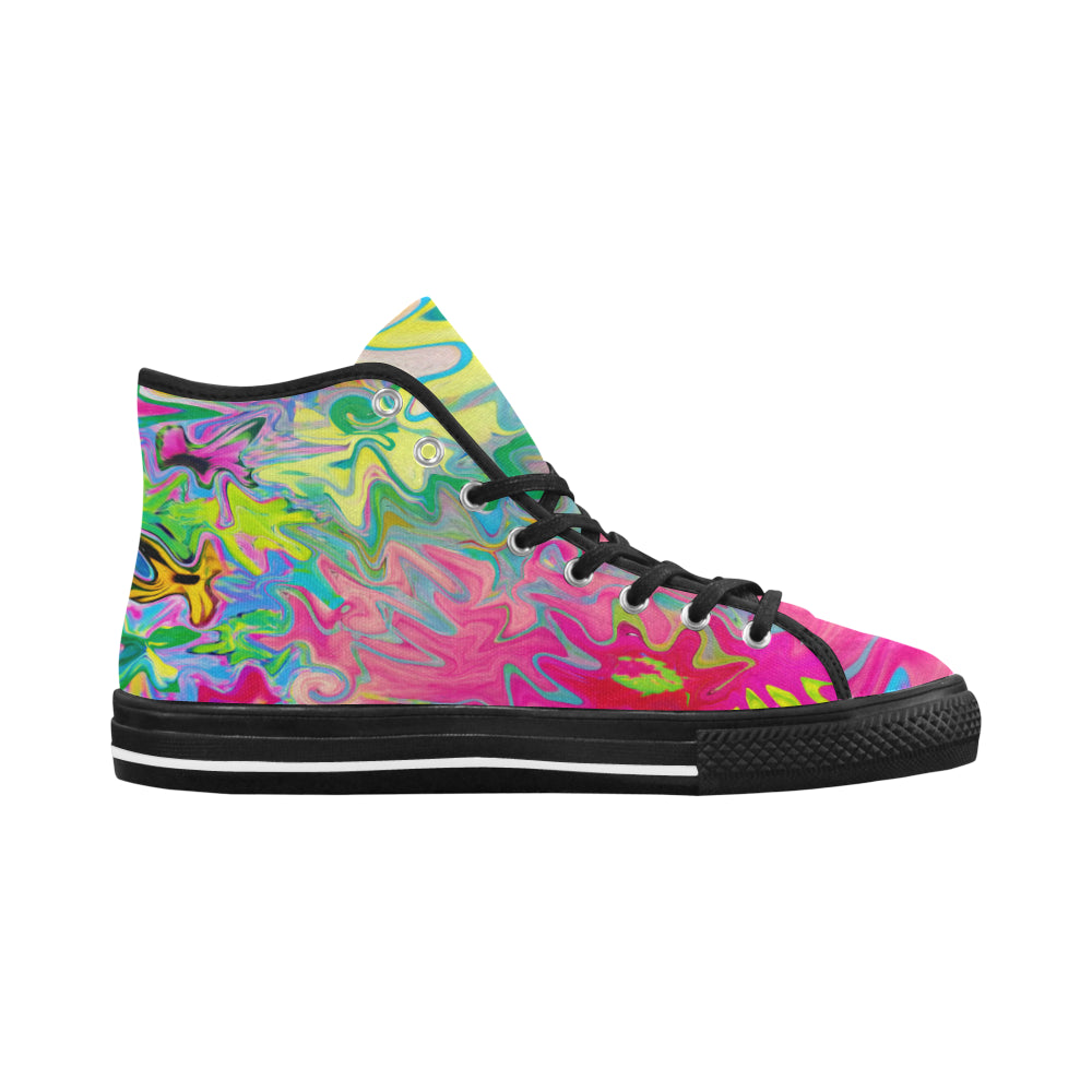 Colorful High Top Sneakers for Women, Colorful Flower Garden Abstract Collage, Black