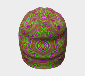 Beanie Hats, Trippy Retro Chartreuse Magenta Abstract Pattern