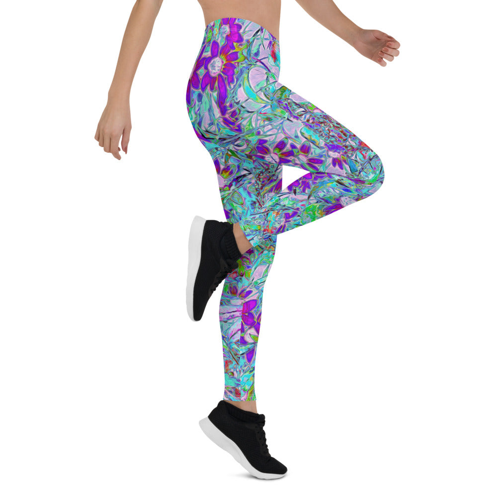 Leggings for Women, Aqua Garden with Violet Blue and Hot Pink Flowers