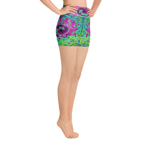 Yoga Shorts, Hot Pink and Blue Groovy Abstract Retro Liquid Swirl