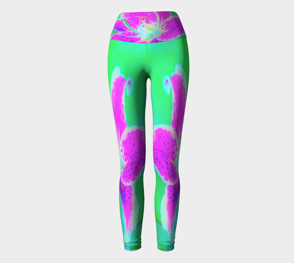 Artsy Yoga Leggings, Hot Pink Stargazer Lily on Turquoise and Green Pa ...